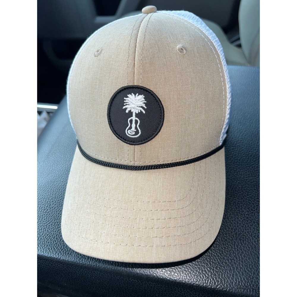 Pukka Mens Tan White‎ Mesh Snapback Trucker Hat Guitar Palm Tree Patch Cap